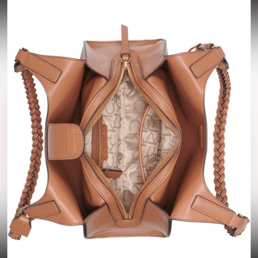 Calvin Klein Tan Leather Braided-Handle Satchel - Picture 3 of 9